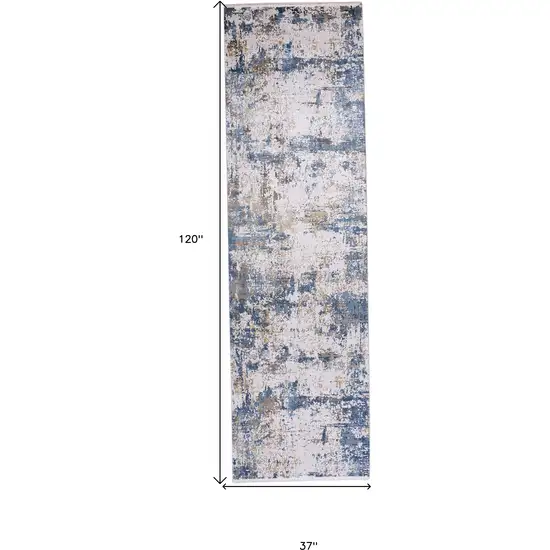 10' Ivory Tan and Blue Abstract Power Loom Runner Rug With Fringe Photo 3