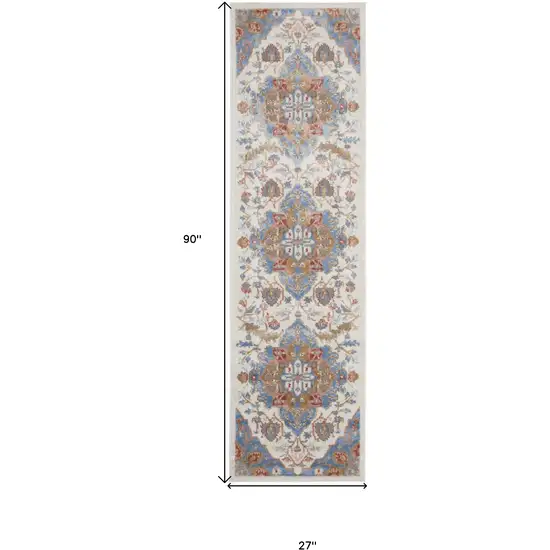 8' Ivory Tan and Blue Floral Medallion Non Skid Runner Rug Photo 3