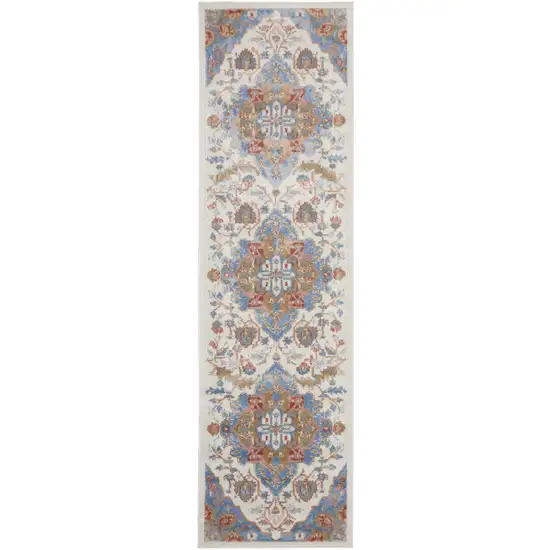 8' Ivory Tan and Blue Floral Medallion Non Skid Runner Rug Photo 2