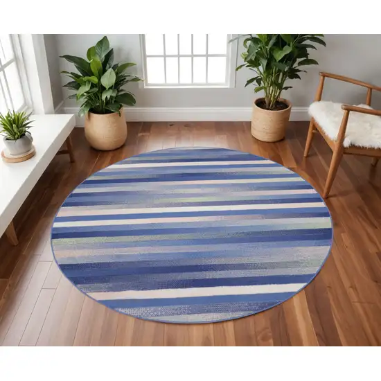 8' Ivory Tan and Blue Striped Round Rug Photo 1