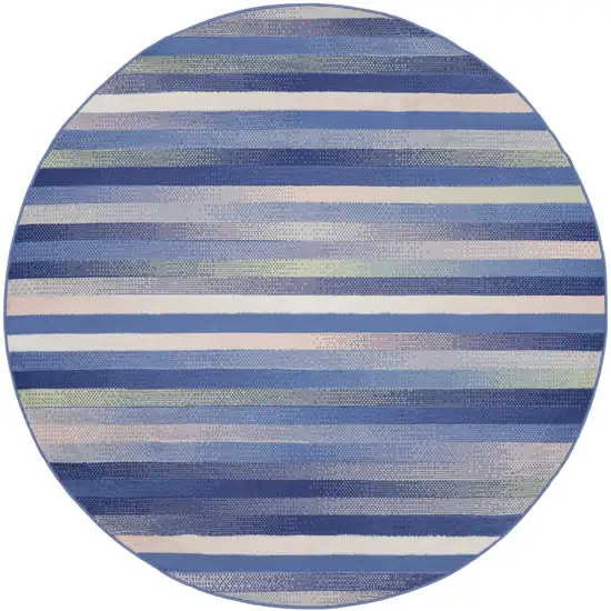 8' Ivory Tan and Blue Striped Round Rug Photo 2