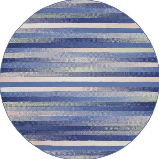 8' Ivory Tan and Blue Striped Round Rug Photo 7