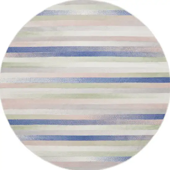 8' Ivory Tan and Blue Striped Round Rug Photo 6