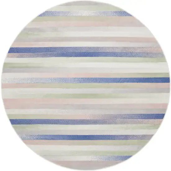 8' Ivory Tan and Blue Striped Round Rug Photo 2