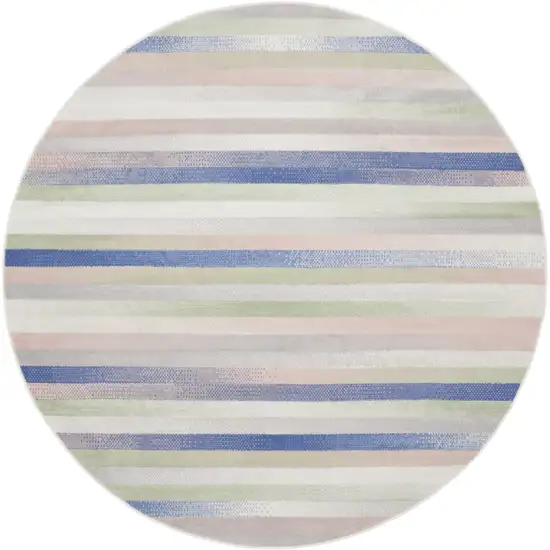 8' Ivory Tan and Blue Striped Round Rug Photo 7