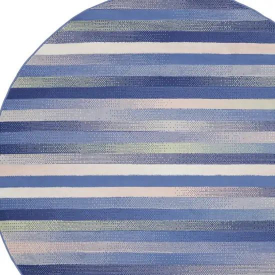 5' Ivory Tan and Blue Striped Round Rug Photo 6