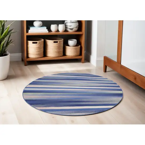 5' Ivory Tan and Blue Striped Round Rug Photo 1