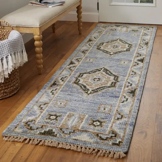 10' Ivory Tan and Blue Wool Oriental Hand Knotted Runner Rug With Fringe Photo 7