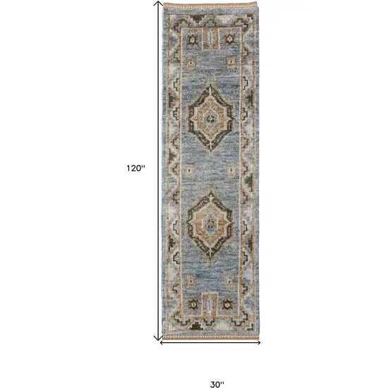 10' Ivory Tan and Blue Wool Oriental Hand Knotted Runner Rug With Fringe Photo 3