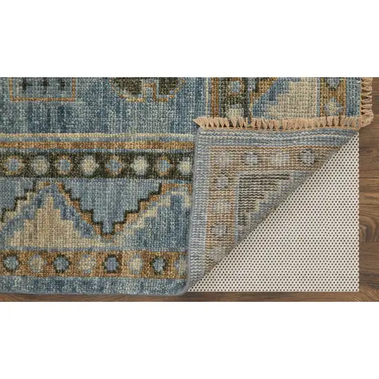 10' Ivory Tan and Blue Wool Oriental Hand Knotted Runner Rug With Fringe Photo 4