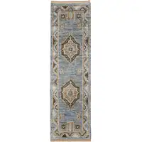 Photo of 10' Ivory Tan and Blue Wool Oriental Hand Knotted Runner Rug With Fringe