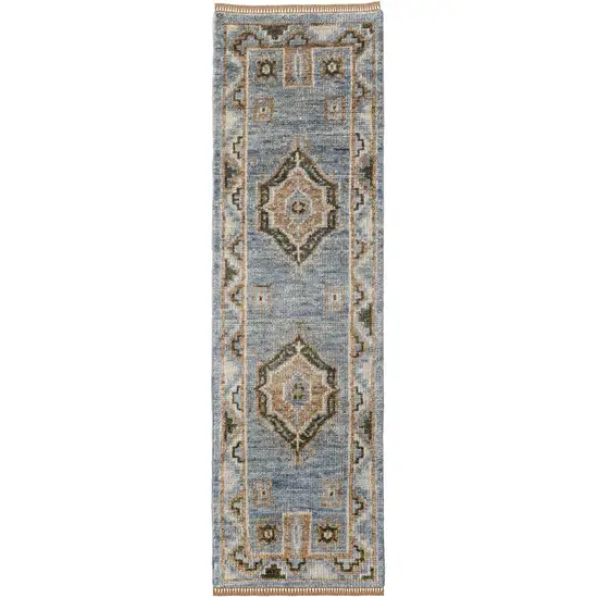 10' Ivory Tan and Blue Wool Oriental Hand Knotted Runner Rug With Fringe Photo 2