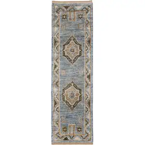 Photo of 10' Ivory Tan and Blue Wool Oriental Hand Knotted Runner Rug With Fringe