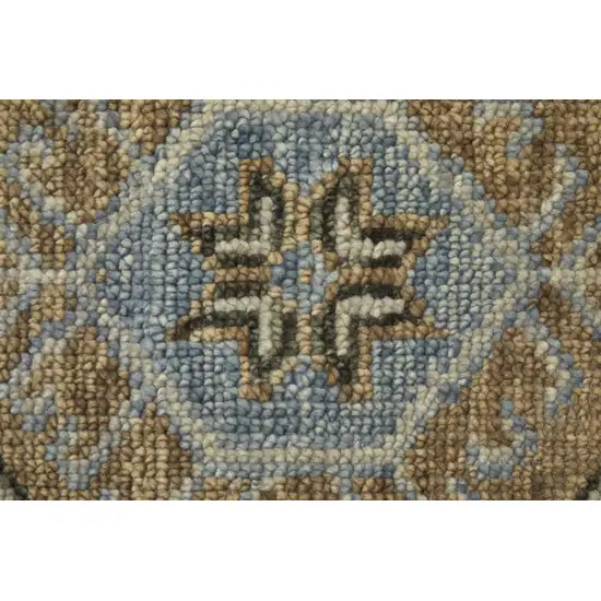 10' Ivory Tan and Blue Wool Oriental Hand Knotted Runner Rug With Fringe Photo 9