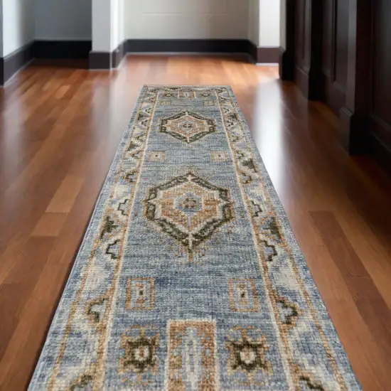 10' Ivory Tan and Blue Wool Oriental Hand Knotted Runner Rug With Fringe Photo 1