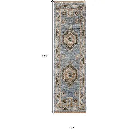 12' Ivory Tan and Blue Wool Oriental Hand Knotted Runner Rug With Fringe Photo 3