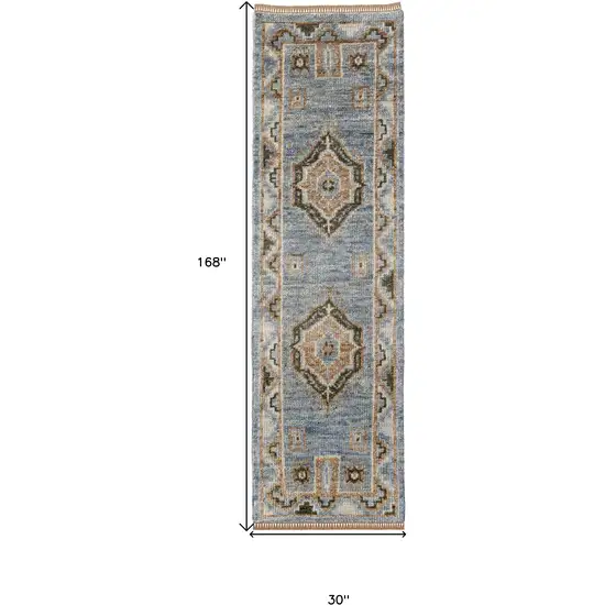 14' Ivory Tan and Blue Wool Oriental Hand Knotted Runner Rug With Fringe Photo 3