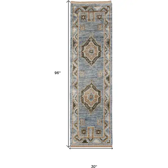 8' Ivory Tan and Blue Wool Oriental Hand Knotted Runner Rug With Fringe Photo 3