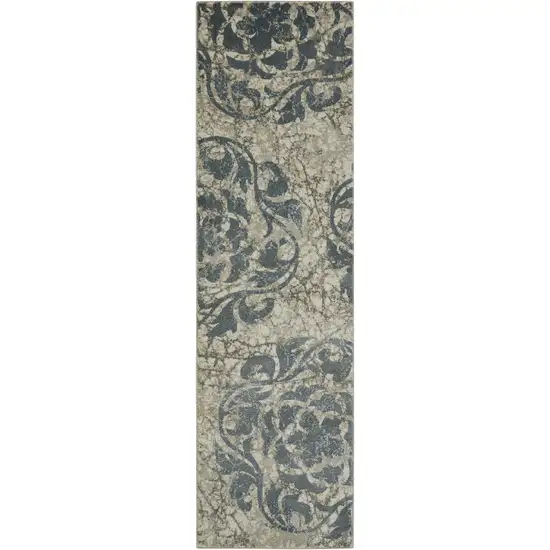 8' Ivory Tan and Gray Floral Distressed Non Skid Runner Rug Photo 2