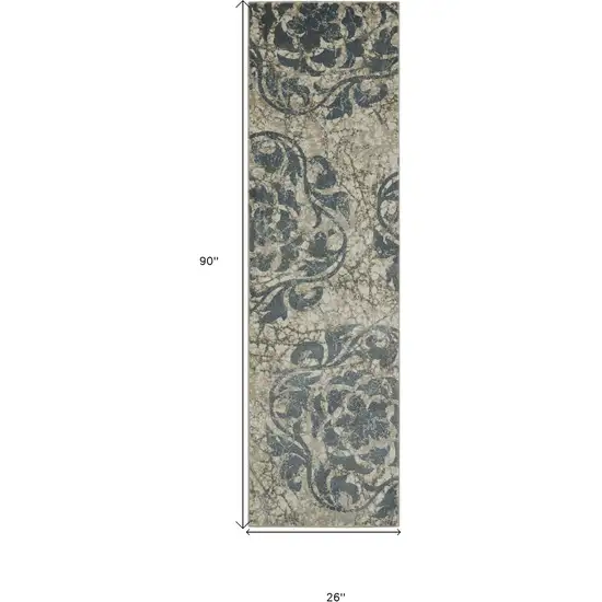 8' Ivory Tan and Gray Floral Distressed Non Skid Runner Rug Photo 3