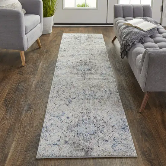 8' Ivory Taupe And Blue Floral Power Loom Distressed Stain Resistant Runner Rug Photo 4