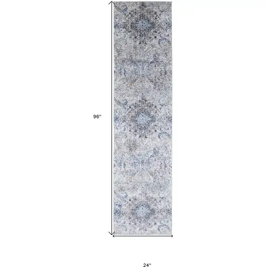 8' Ivory Taupe And Blue Floral Power Loom Distressed Stain Resistant Runner Rug Photo 7