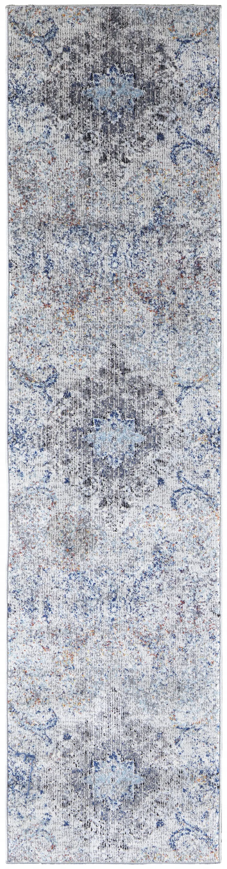 8' Ivory Taupe And Blue Floral Power Loom Distressed Stain Resistant Runner Rug Photo 1