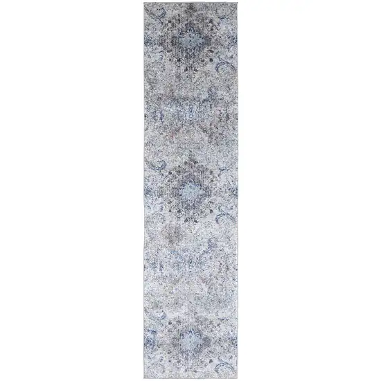 8' Ivory Taupe And Blue Floral Power Loom Distressed Stain Resistant Runner Rug Photo 1