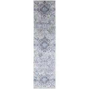 Photo of 8' Ivory Taupe And Blue Floral Power Loom Distressed Stain Resistant Runner Rug