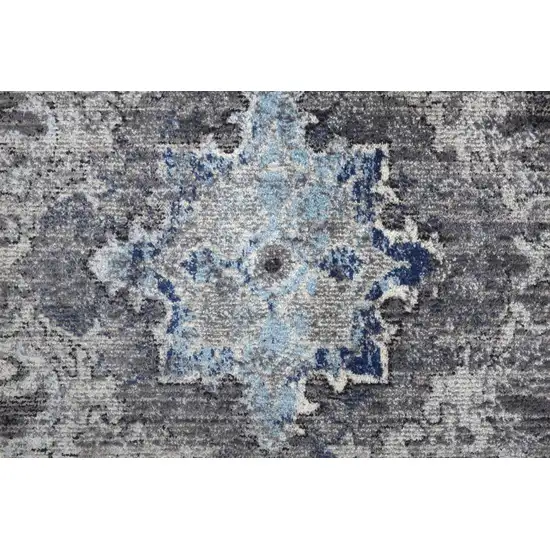 8' Ivory Taupe And Blue Floral Power Loom Distressed Stain Resistant Runner Rug Photo 6