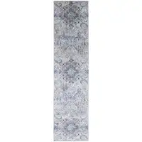 Photo of 10' Ivory Taupe And Blue Floral Power Loom Distressed Stain Resistant Runner Rug