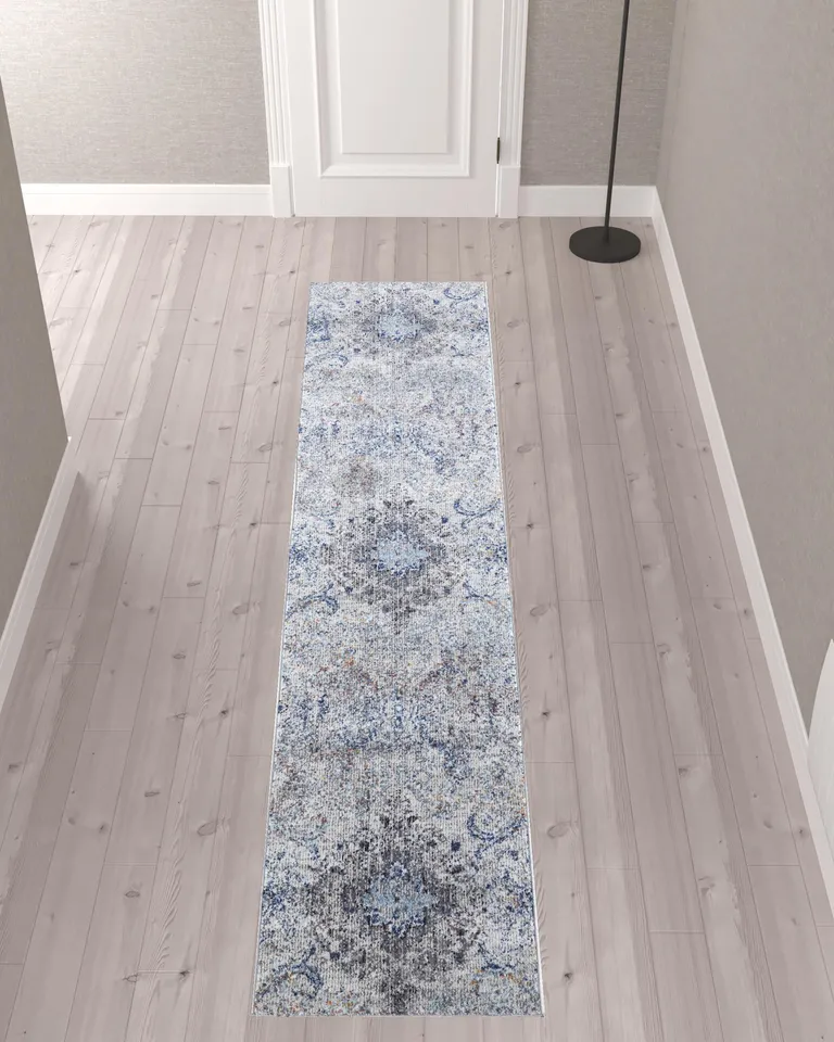 10' Ivory Taupe And Blue Floral Power Loom Distressed Stain Resistant Runner Rug Photo 2