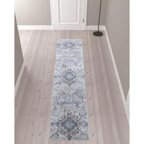 10' Ivory Taupe And Blue Floral Power Loom Distressed Stain Resistant Runner Rug Photo 2