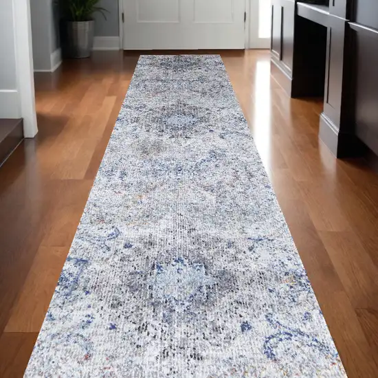 10' Ivory Taupe And Blue Floral Power Loom Distressed Stain Resistant Runner Rug Photo 1