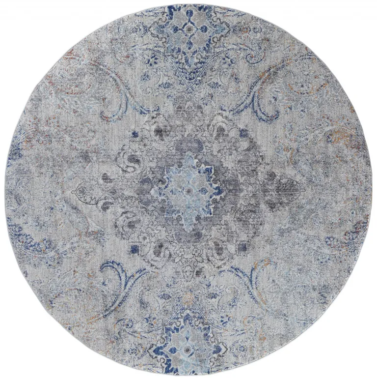 8' Ivory Taupe And Blue Round Floral Power Loom Distressed Stain Resistant Area Rug Photo 1