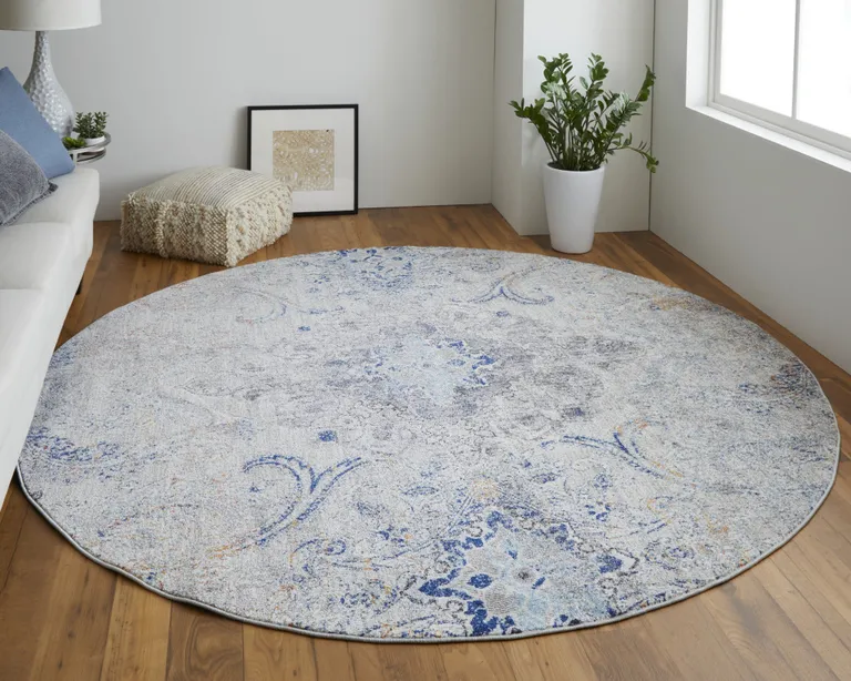 8' Ivory Taupe And Blue Round Floral Power Loom Distressed Stain Resistant Area Rug Photo 4