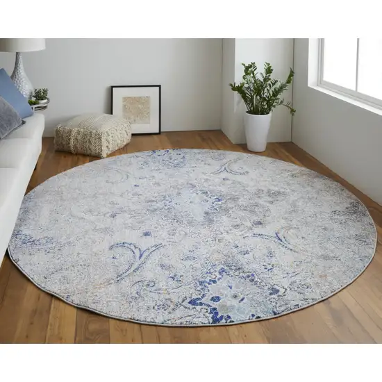 8' Ivory Taupe And Blue Round Floral Power Loom Distressed Stain Resistant Area Rug Photo 4