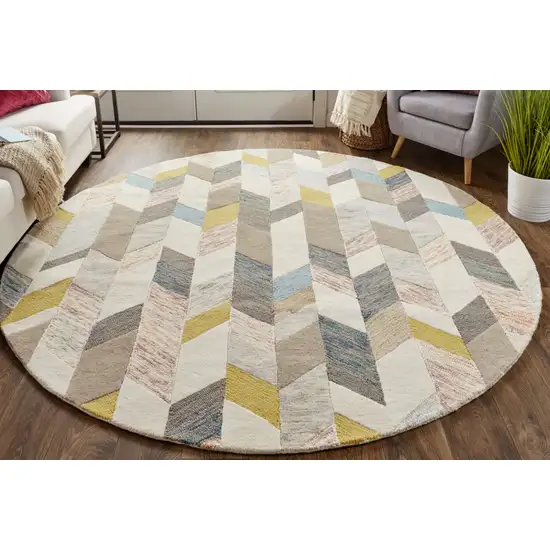 8' Ivory Taupe And Blue Round Wool Geometric Tufted Handmade Area Rug Photo 1