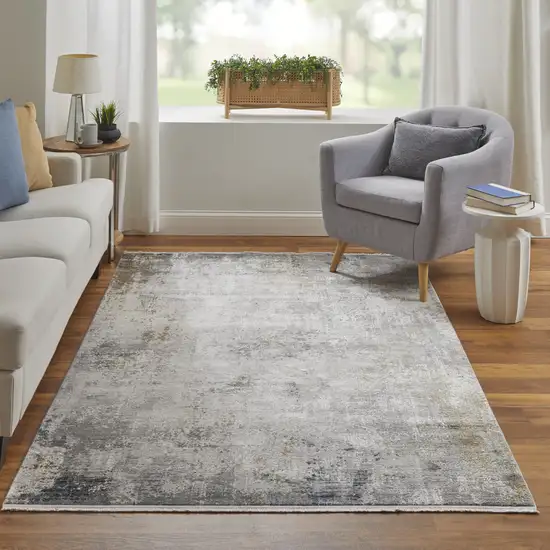 10' Ivory Taupe and Gray Abstract Power Loom Distressed Runner Rug With Fringe Photo 4