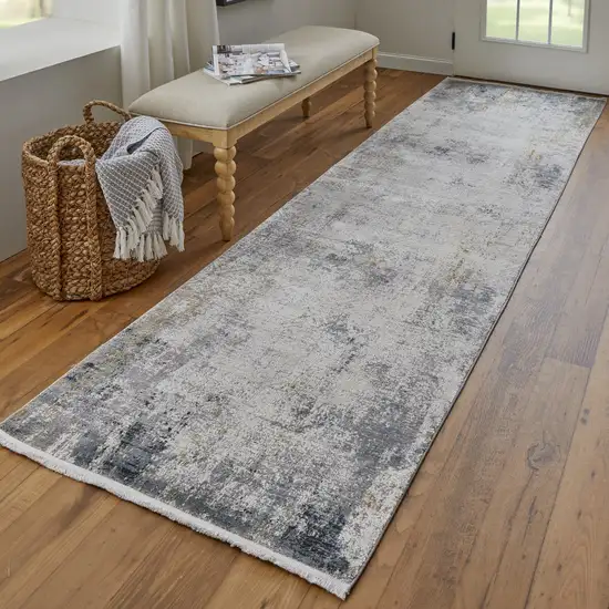 10' Ivory Taupe and Gray Abstract Power Loom Distressed Runner Rug With Fringe Photo 6