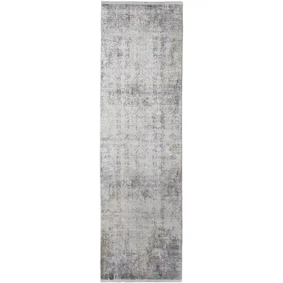 10' Ivory Taupe and Gray Abstract Power Loom Distressed Runner Rug With Fringe Photo 2