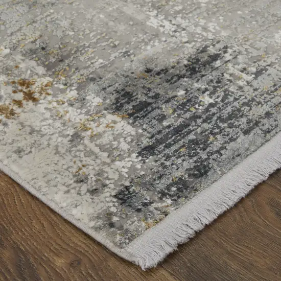 10' Ivory Taupe and Gray Abstract Power Loom Distressed Runner Rug With Fringe Photo 5