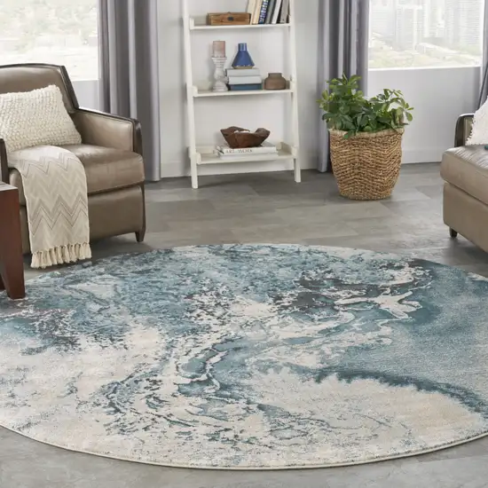 8' Ivory Teal Blue and Black Abstract Non Skid Round Rug Photo 8