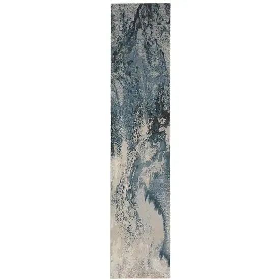 8' Ivory Teal Blue and Black Abstract Non Skid Runner Rug Photo 1