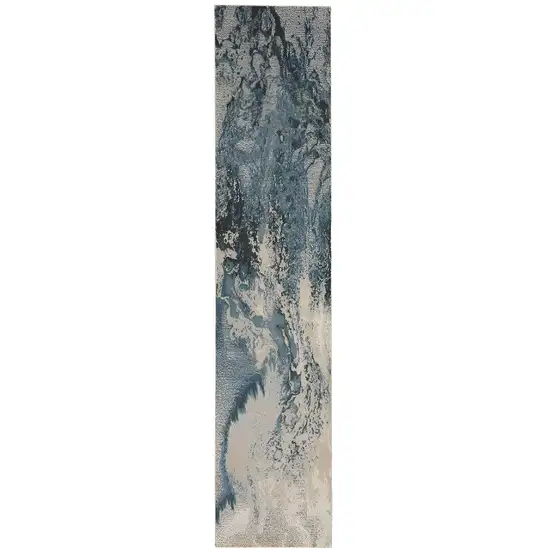 12' Ivory Teal Blue and Black Abstract Non Skid Runner Rug Photo 6