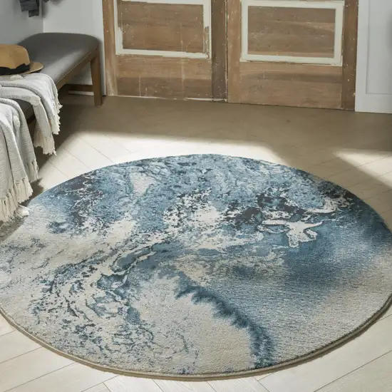 4' Ivory Teal Blue and Black Abstract Round Rug Photo 8