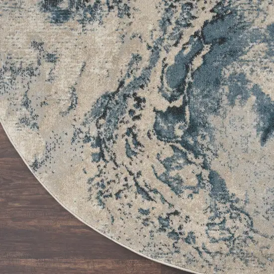 4' Ivory Teal Blue and Black Abstract Round Rug Photo 4