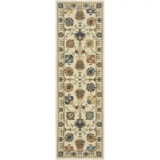 8' Ivory Yellow And Dark Orange Oriental Runner Rug With Fringe Photo 2