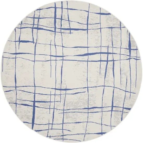 8' Ivory and Blue Abstract Distressed Round Rug Photo 2