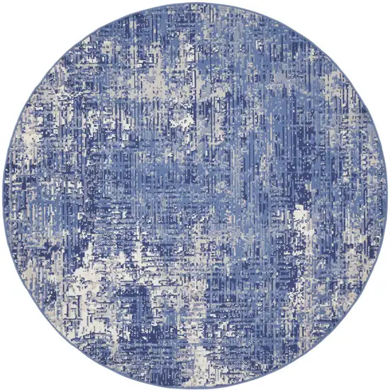 5' Ivory and Blue Abstract Distressed Round Rug Photo 5